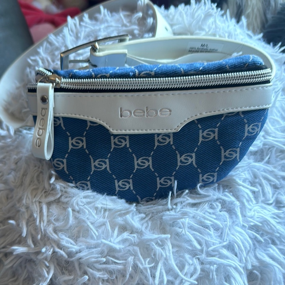 Bebe Blue and White Clutch with Geometric Pattern